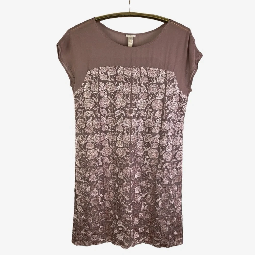 Sundance Angelica Dress Size PM Petite Medium Embroidered Overlay Lined Taupe